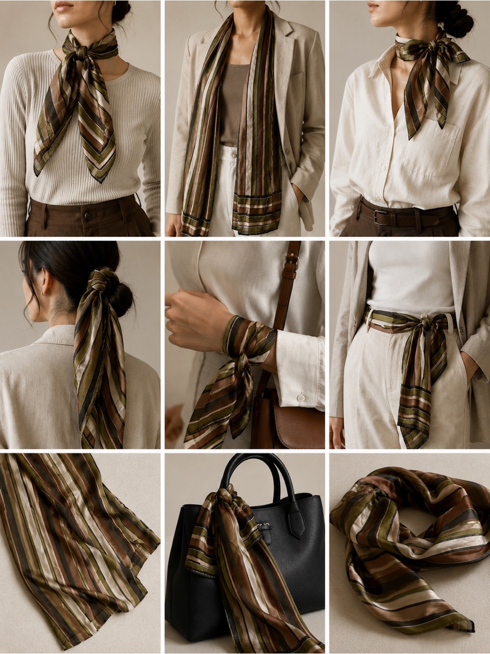 Jones New York 100% Silk Striped Oblong Scarf Olive Brown Beige 51” x 10”